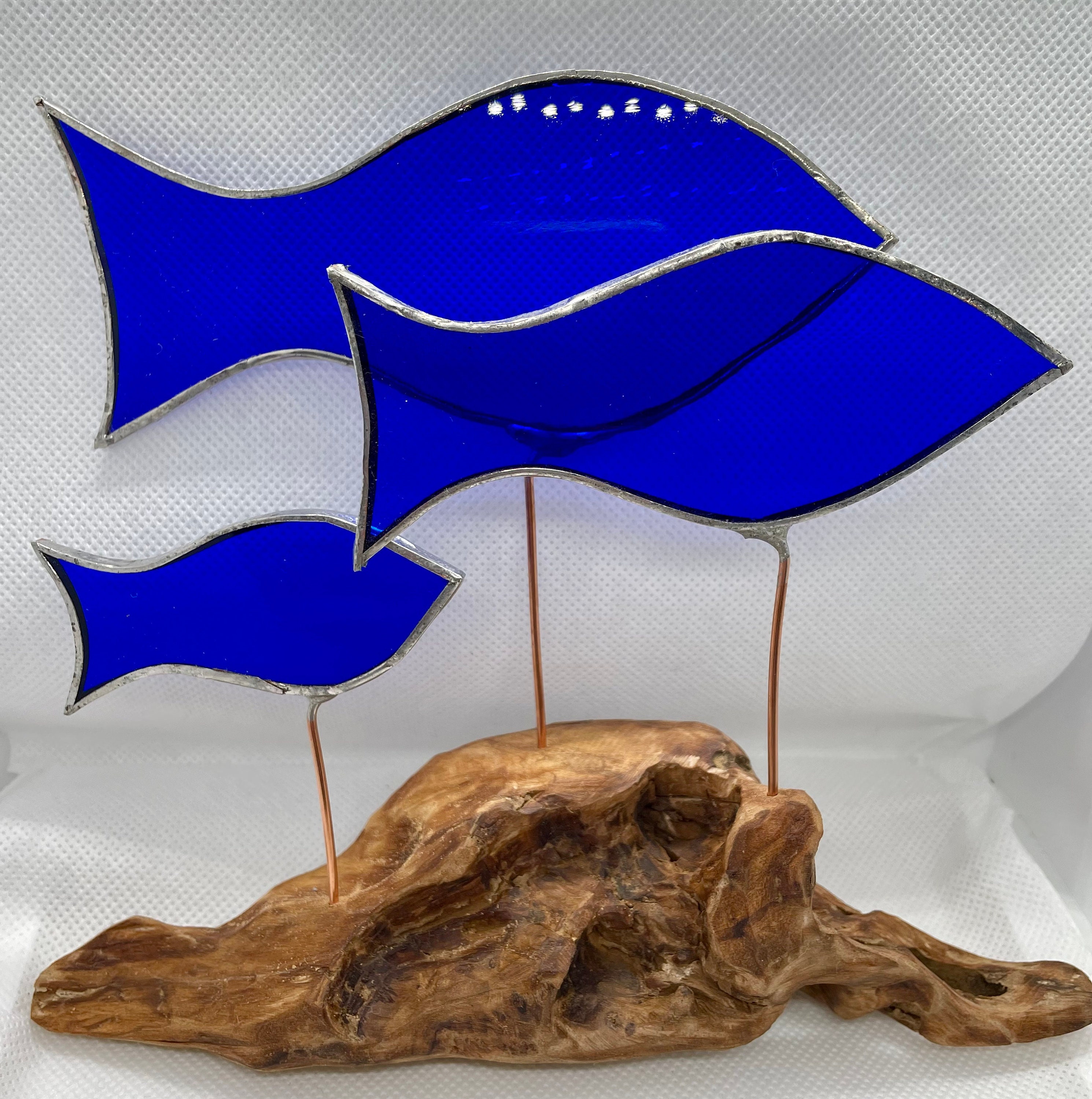 Stained Glass Blue Fish on Driftwood Base Sculpture Etsy UK
