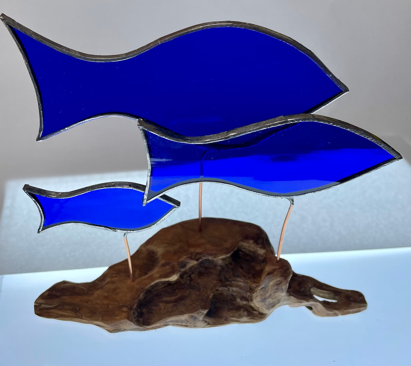Stained Glass Blue Fish on Driftwood Base Sculpture Etsy UK