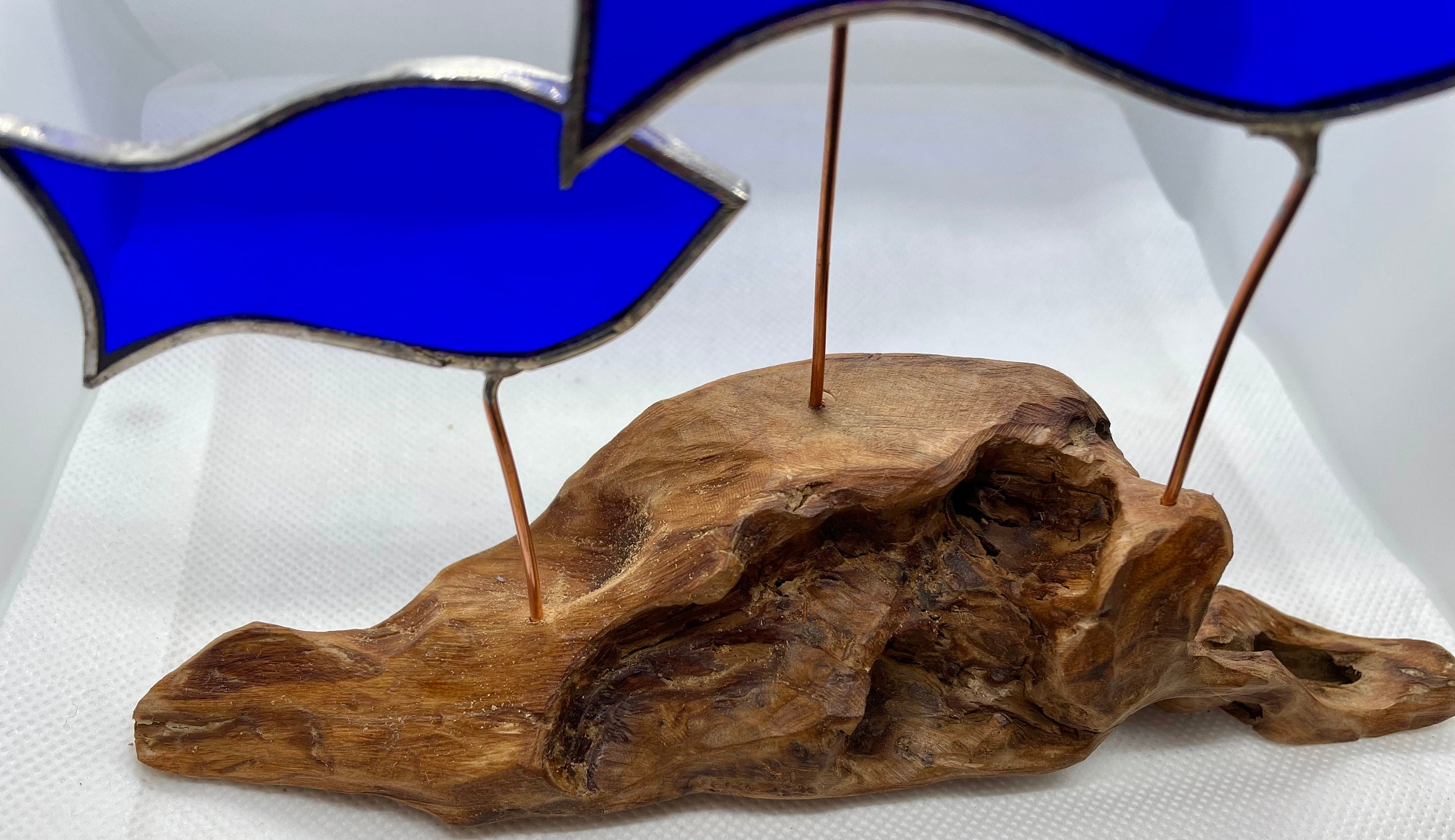 Stained Glass Blue Fish on Driftwood Base Sculpture Etsy UK