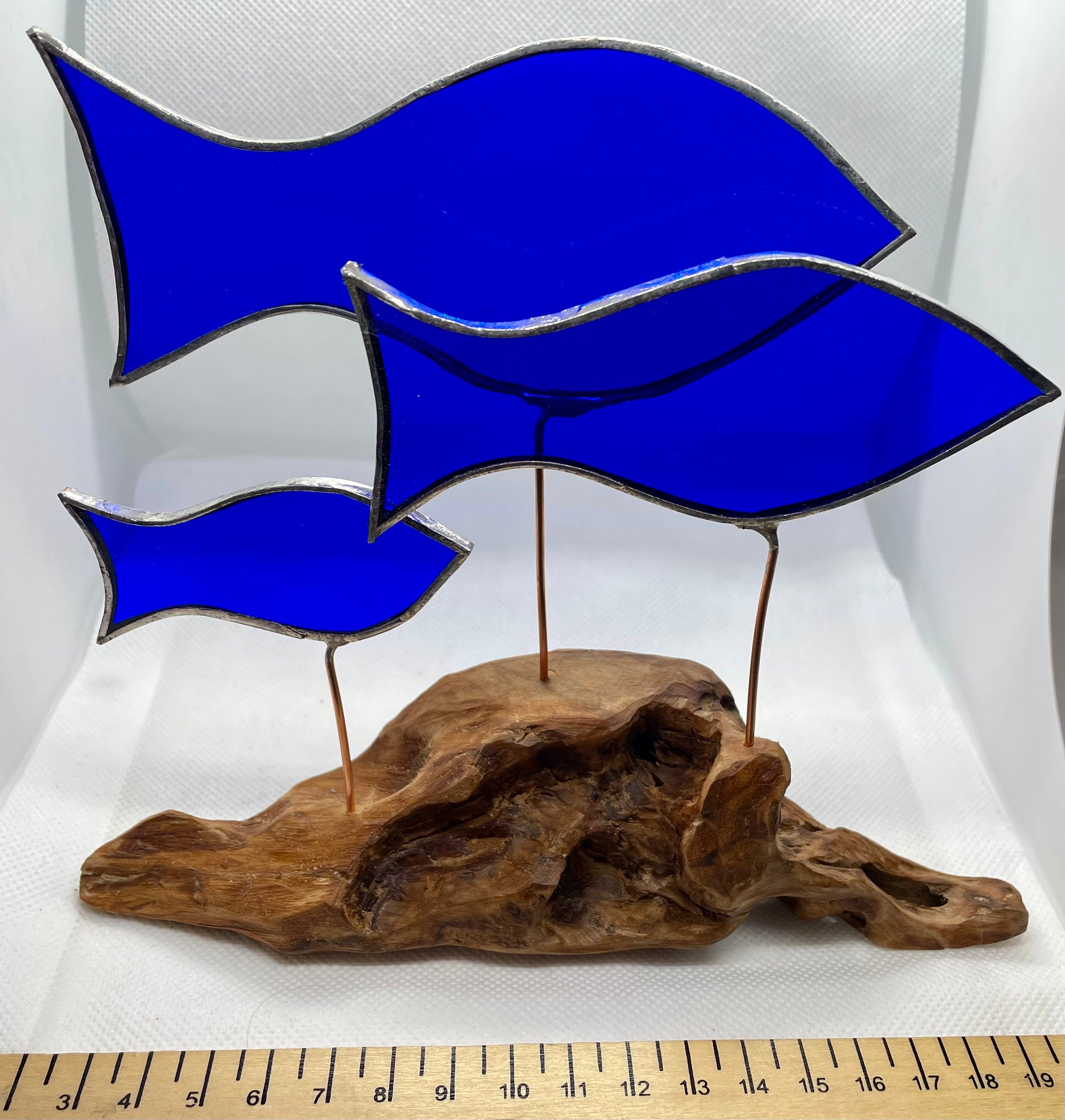 Stained Glass Blue Fish on Driftwood Base Sculpture Etsy UK