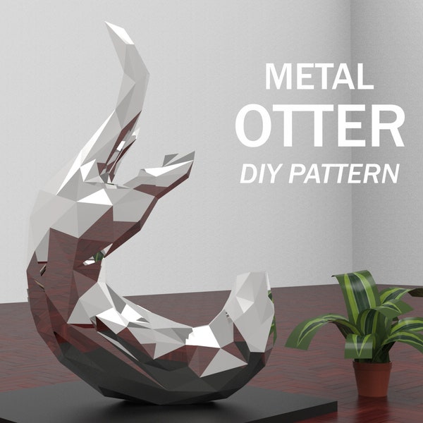 Otter DIY Metal welding Origami sculpture in DXF format, Template for low poly CNC cutting with 3d file, Instant download - dxf, pdf, skp.