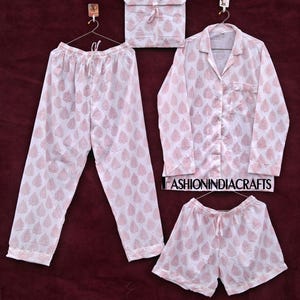 Block Printed Cotton Pajama Set, Indian Handmade Women night dress, Floral Print Night Pj Set, Pajama And Shirt And Short With Bag Set