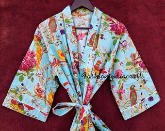 Kimono de algodón con estampado floral: vestido largo indio hecho a mano