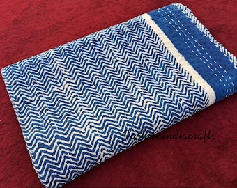 Handmade Indian Cotton Kantha Quilt: Floral Indigo Bedspread