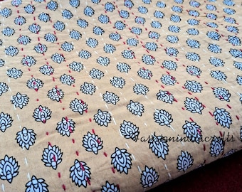 Beige Color Kantha Quilt, 100% Cotton Kantha Bedspread, Block Print kantha Quilt, Indian Handmade Kantha Bedding Throw