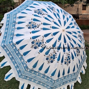 Hand Block Print Garden Umbrella, Indian Handmade Cotton Big Umbrella, Large Parasol  Sun Shade, Bohemian Outdoor Decor