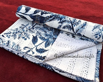 Owl Print Kantha Quilt: Indian Handmade Cotton Queen Bedding