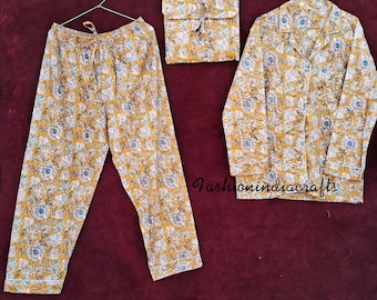Yellow Floral Cotton Pajama Set: Indian Block Print Night Suit
