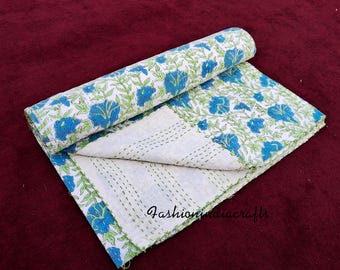 Handmade Floral Print Kantha Quilt: Indian Cotton Queen Bed Cover