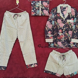 Ensemble pyjama indien en coton, ensemble pyjama de nuit en coton pour femme, chemise de nuit en coton à imprimé floral, pyjama d'été et chemise et short avec sac