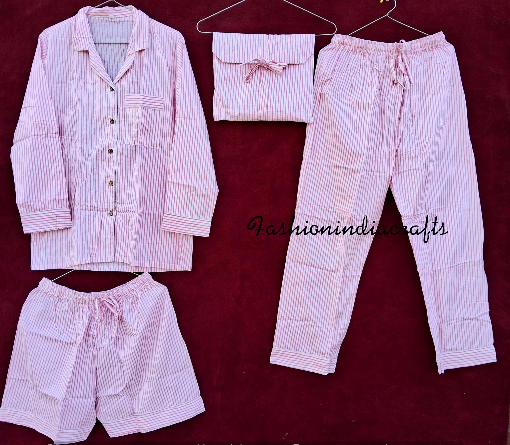 Indian Cotton Pajama Set, Handmade Women Night Dress,, Pajama And Shirt, Short With Bag Set Cotton Night Suit