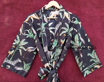 Animal Print Cotton Kimono Robe: Hand Block Printed Indian Maxi Dress