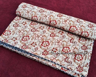 Floral Print Kantha Quilt: Handmade Indian Cotton Bedspread