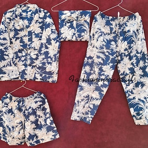 Ensemble pyjama bleu, pyjama indien fait main en coton pour femme, chemise de nuit pour femme, imprimé floral, pyjama et chemise avec sac