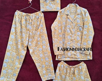 Hand Block Printed Cotton Pajama Set: Yellow Floral Night Suit with Bag