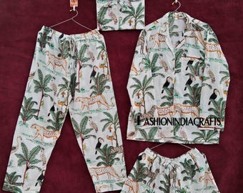 Handmade Indian Cotton Pajama Set: Animal Print Night Suit with Bag