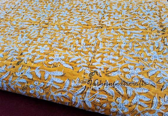Yellow Block Print Kantha Quilt: Yellow Floral Indian Cotton Bedspread, Floral Printed Bedding Throw