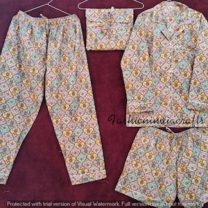 Ensemble pyjama en coton, pyjama indien fait main pour femme, robe en coton à imprimé floral, pyjama, chemise et short avec sac multicolore
