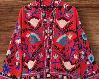 Handmade Suzani Cotton Jacket, TNT Embroidered Women Winter Coat, Gift For Wife
