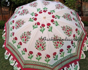 Pink Hand Block Printed Indian Garden Umbrella, Cotton Patio Parasol, Bohemian Sun Shade,