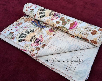 Hand Block Print Cotton Kantha Quilt - Floral Queen Bedspread