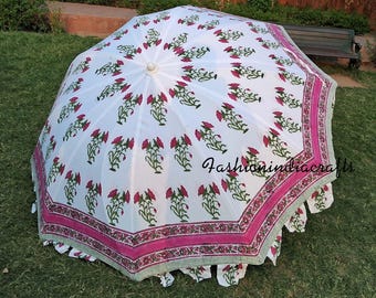 Pink Block Print Garden Umbrella: Bohemian Sun Shade Decor
