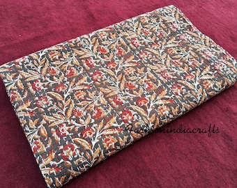 Floral Block Print Kantha Quilt: 100% Cotton Bedspread
