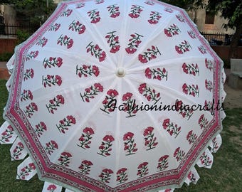 Pink Hand Block Print Garden Umbrella: Bohemian Sun Shade Handmade Cotton Big Size Parasol