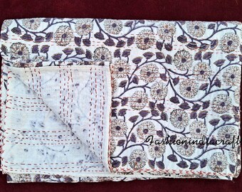 Handmade Cotton Kantha Quilt: Floral Print Twin Bedspread