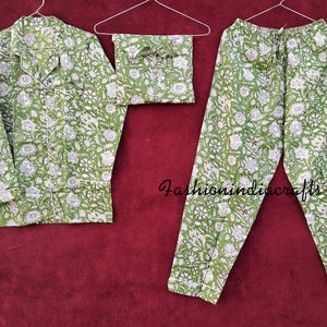 Ensemble pyjama vert, ensemble pyjama en coton indien, chemise de nuit pour femme, ensemble pyjama et chemise à imprimé floral avec sac