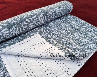 Floral Print Kantha Quilt: Gray Indian Cotton Bedspread