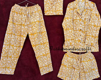 Yellow Floral Block Print Cotton Pajama Set: Indian Night Suit