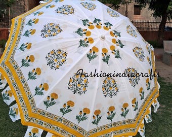 Yellow Floral Garden Umbrella, Hand Block Printed, Indian Cotton Handmade Umbrella, Sun Shade, Bohemian Outdoor Decor