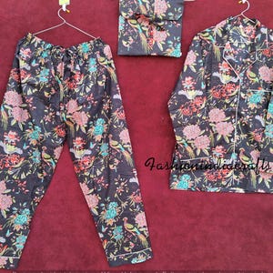 Ensemble pyjama indien en coton, pyjama de nuit pour femme fait main, pyjama noir en coton à imprimé floral, pyjama et chemise avec sac