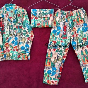 Ensemble pyjama imprimé Frida Kahlo, ensemble pyjama en coton indien, chemise de nuit pour femme faite main, pyjama et chemise avec sac