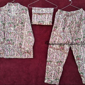 Ensemble pyjama indien en coton, chemise de nuit pour femme faite main, pyjama en coton, ensemble pyjama et chemise avec sac