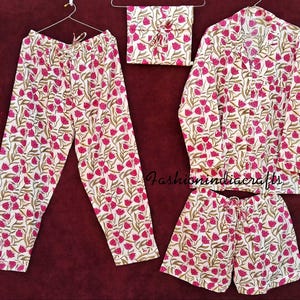 Ensemble pyjama indien en coton, chemise de nuit pour femme faite main, robe en coton à imprimé floral, ensemble pyjama d'été, ensemble chemise et sac court blanc