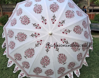 Sombrilla de jardín de algodón con estampado a mano: sombrilla bohemia