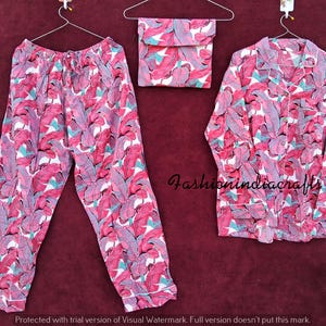 Ensemble pyjama rose, ensemble pyjama en coton indien, chemise de nuit pour femme, ensemble pyjama et chemise en coton avec sac