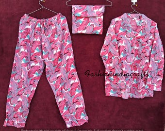 Pink Cotton Pajama Set: Hand Block Print Night Suit with Bag