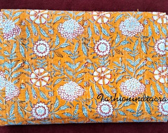 Yellow Floral Kantha Quilt: Handmade Indian Cotton Bedspread