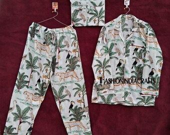 100% Cotton, Pajama Set, Women, Loungewear, Sleepwear, Gift, plus design details like Animal printed