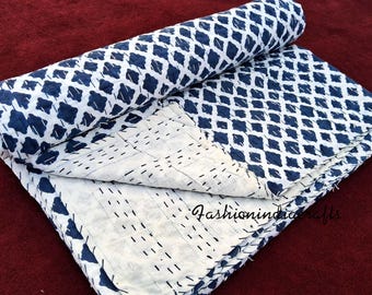 Blue & White Kantha Quilt: Indian Block Print Cotton Bedspread 100% Cotton Kantha Bedding Throw