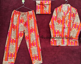 Orange Color Cotton Pajama Set: Tiger Print Handmade Women's Night Suit
