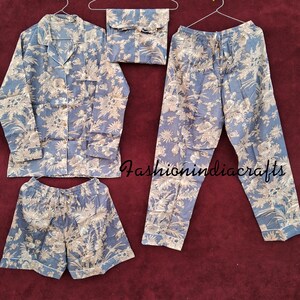 Ensemble pyjama indien en coton, chemise de nuit pour femme faite main, pyjama en coton à imprimé floral gris, ensemble pyjama et chemise avec sac