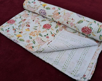 Edredón Kantha floral blanco: colcha Queen 100 % algodón