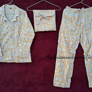 Ensemble pyjama jaune, ensemble pyjama en coton indien, chemise de nuit pour femme, ensemble pyjama et chemise en coton à imprimé floral avec sac