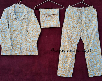 Yellow Floral Cotton Pajama Set: Indian Block Print Night Suit