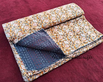 Yellow Color Kantha Quilt, Indian Cotton Kantha Bedspread, Floral Print Kantha Bedding Throw, Block Print Kantha