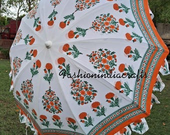 Orange Hand Block Printed Indian Garden Umbrella, Cotton Patio Parasol, Bohemian Beach Sun Shade'